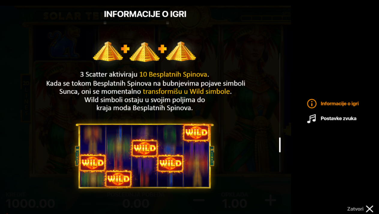 Bonusi i specijalne mogućnosti igre Solar Temple