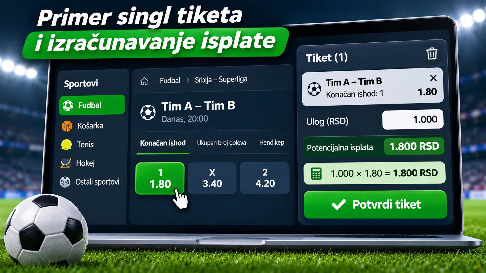Primer singl tiketa sa ulogom, kvotom i isplatom